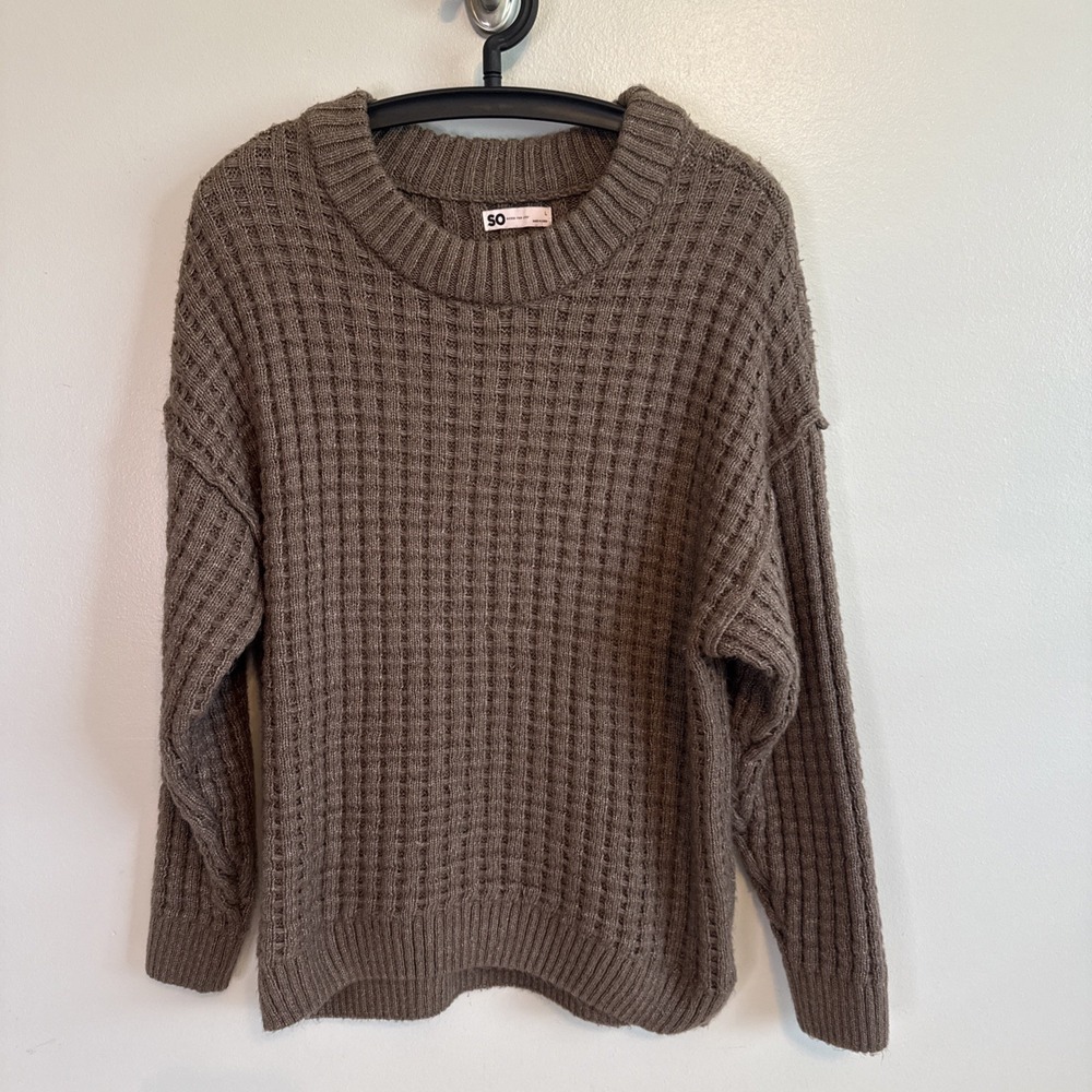 Womens Brown Waffle Knit Crewneck Pullover Sweater Size L Earthy Minimalist Cozy